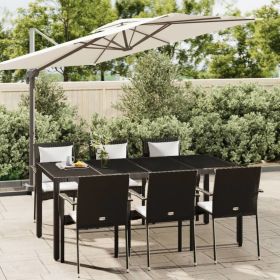 7 Piece Patio Dining Set with Cushions Black Poly Rattan