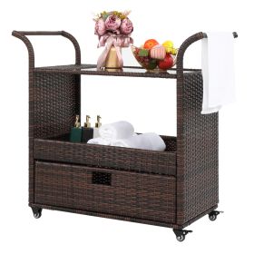 Outdoor Patio Wicker Rattan Serving Bar Cart Sideboard On Wheels XH