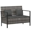 2-Seater Patio Bench with Cushions Gray Poly Rattan