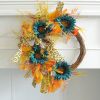 Thanksgiving Blue Sunflower Wreath Patio Leopard Ribbon Deadwood Door Hanging Decoration Simulated Flower Rattan Wreath Wall Hanging