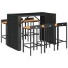 7 Piece Patio Bar Set Black Poly Rattan& Solid Wood Acacia