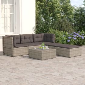 5 Piece Patio Lounge Set with Cushions Gray Poly Rattan (Color: Gray)