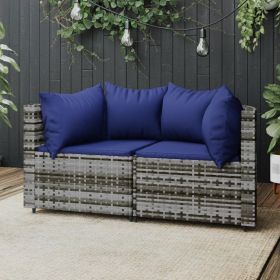 Patio Corner Sofas with Cushions 2 pcs Gray Poly Rattan (Color: Gray)