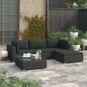 5 Piece Patio Lounge Set with Cushions Poly Rattan Black (Color: Black)