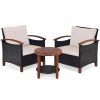 3 Pieces Patio Rattan Furniture Set with Washable Cushion and Acacia Wood Tabletop